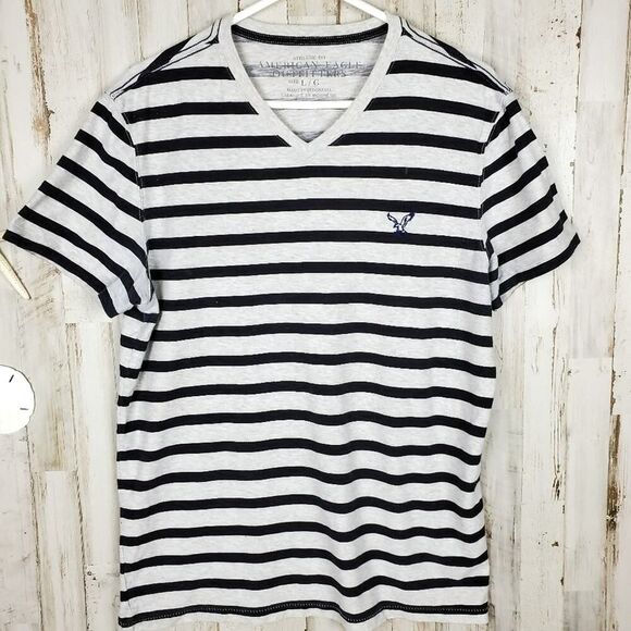 American Eagle Outfitters Striped V Neck Top Blue & Gray Large - Picture 10 of 10